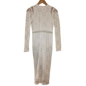 PLT White Lace Midi Dress Women's S 4 Long Sleeve High Neck Bodycon Crochet Trim